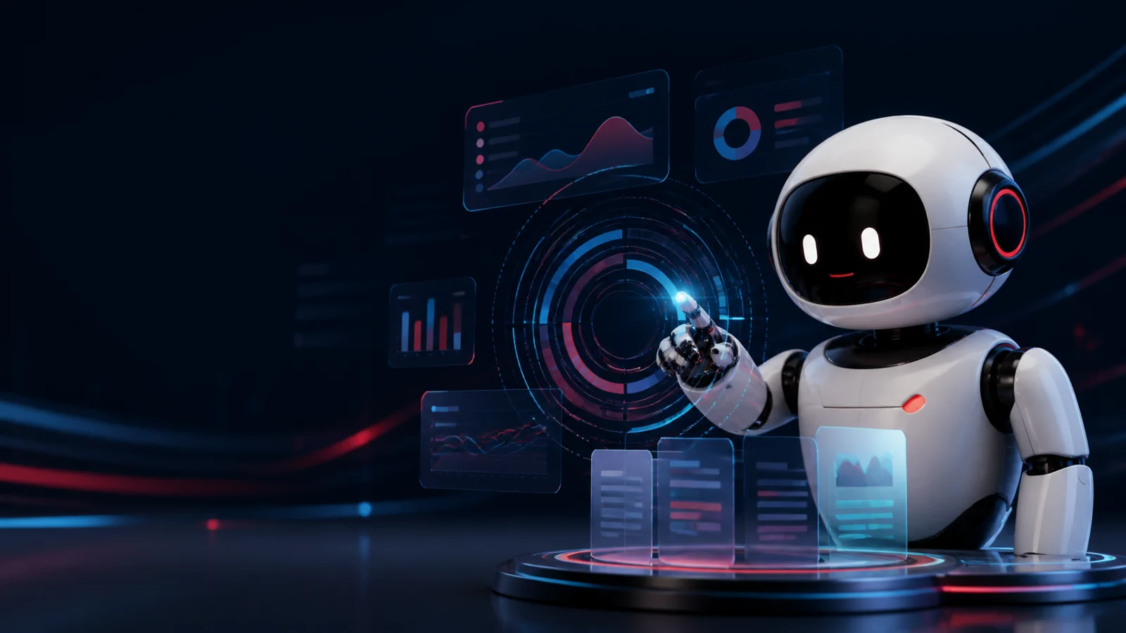 Ilustração de laboratório de dados com robô de inteligência artificial analisando gráficos abstratos